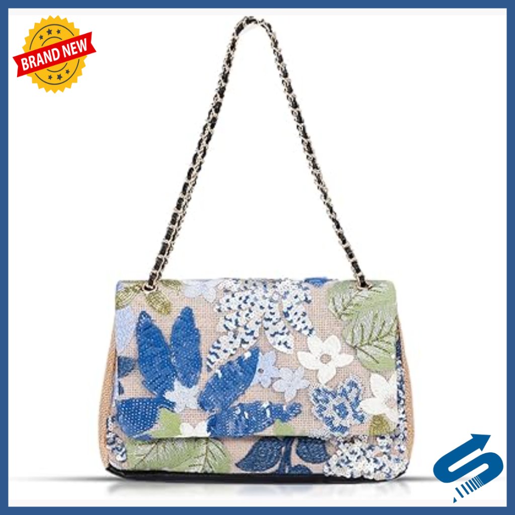 Large Sequin Embroidered Straw Tote Bag, Adjustable Shoulder Strap, Zipper